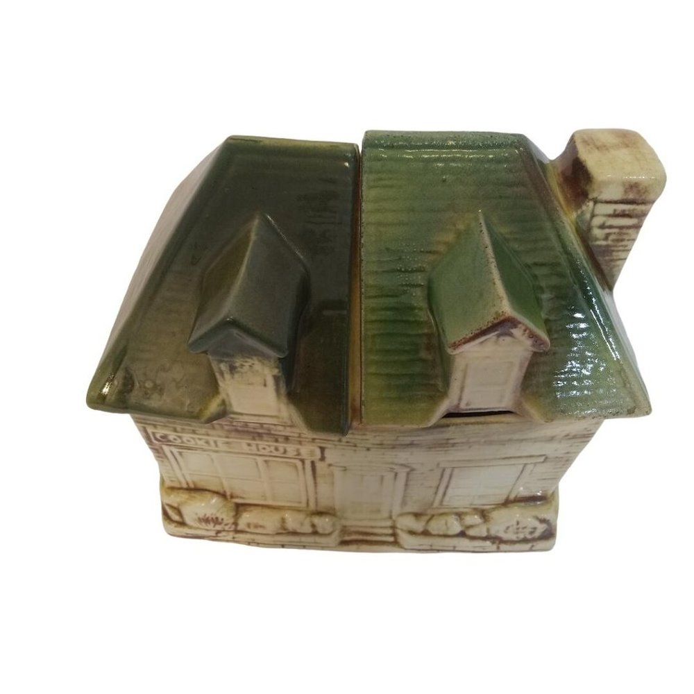 McCoy Cookie House Jar American Pottery Vintage 1950s Split House Green Roof - Picture 2 of 8